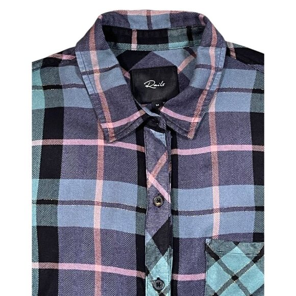 Rails Hunter Plaid Flannel Shirt Teal Navy Pink Gold Lurex Medium - Picture 5 of 11